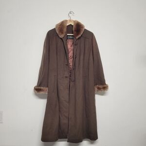 Vintage 50s Ricemor Fashion Cloak & Suit Co Wool Brown Fur-Trimmed Trench Coat